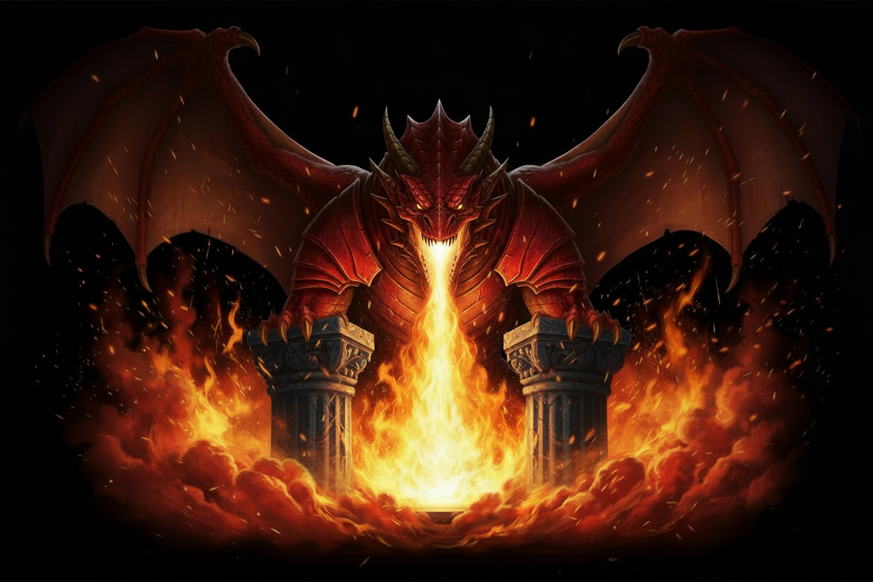 drago rosso sputafuoco e sfondo nero con scintille